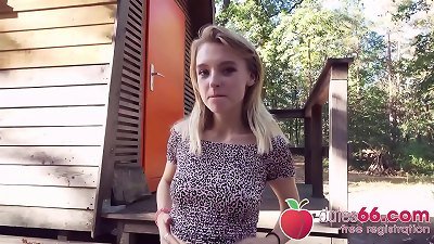 sweet teenage Lily Ray gets ravaged behind an old shack and swallows a massive load! (ENGLISH) Dates66.com